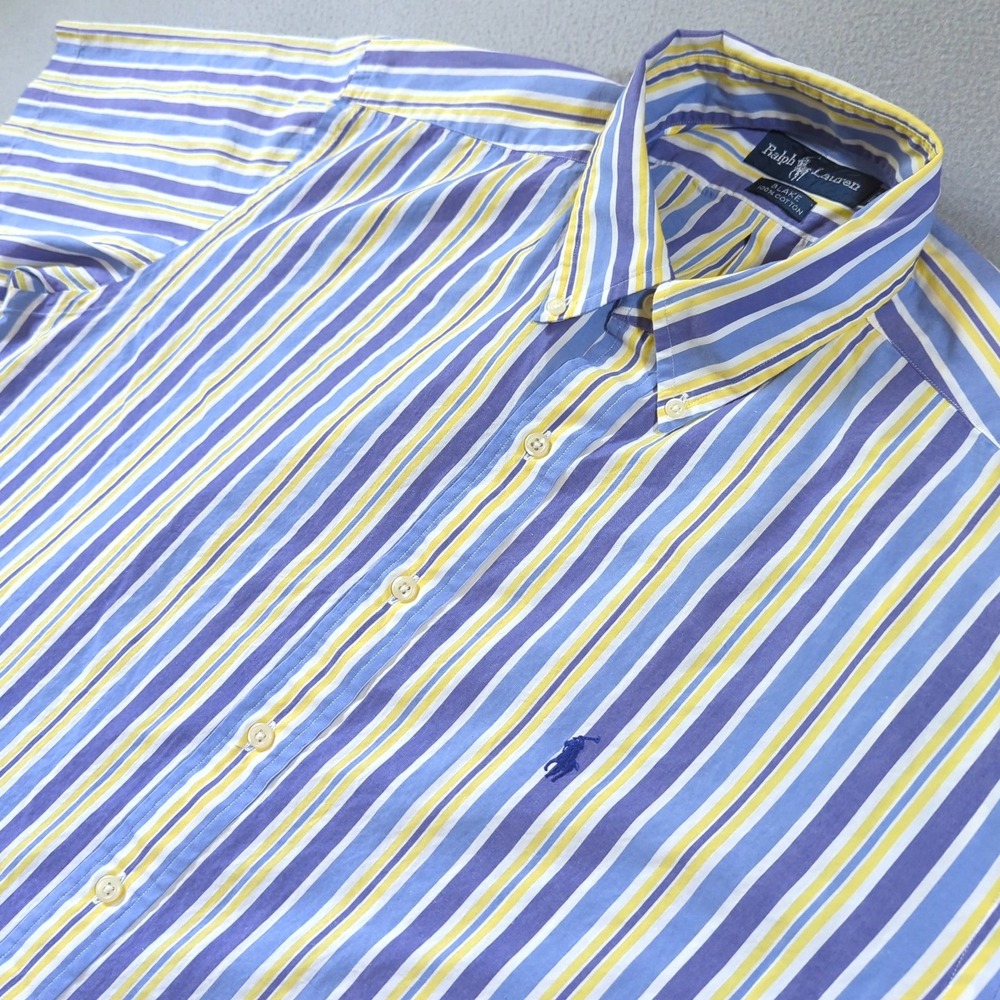 Polo Ralph Lauren Blake Shirt Mens L Blue Yellow Striped Short Sleeve Button Up
